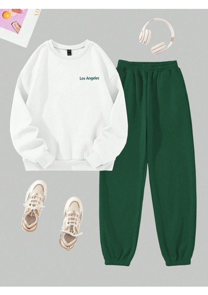 Los Angeles Mini Eşofman Takım Sweatshirt Jogger - Beyaz Yeşil Baskılı Oversize Şardon Bisiklet Yaka