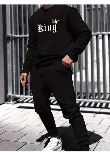 Unisex King Eşofman Takımı Sweatshirt Jogger - Siyah Baskılı Oversize Şardonlu Bisiklet Yaka
