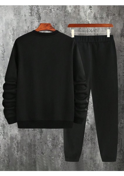 Unisex King Eşofman Takımı Sweatshirt Jogger - Siyah Baskılı Oversize Şardonlu Bisiklet Yaka fiyatları