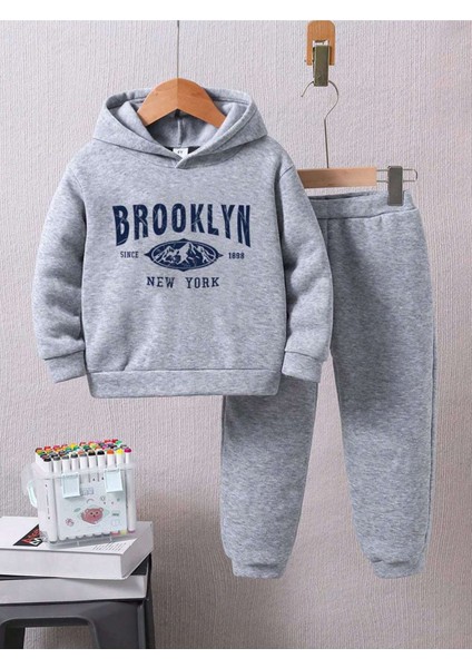 Çocuk Brooklyn Mount Baskılı Gri Eşofman Takımı- Kapüşonlu