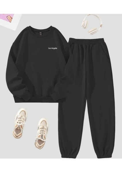 Los Angeles Mini Eşofman Takımı Sweatshirt Jogger - Siyah Baskılı Oversize Şardonlu Bisiklet Yaka