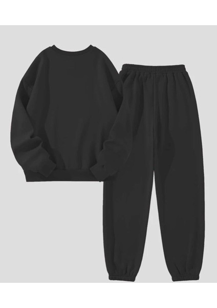 Los Angeles Mini Eşofman Takımı Sweatshirt Jogger - Siyah Baskılı Oversize Şardonlu Bisiklet Yaka