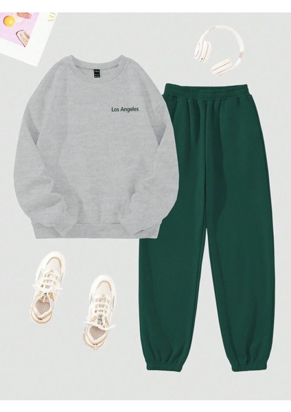 Los Angeles Mini Eşofman Takımı Sweatshirt Jogger - Gri Yeşil Baskılı Oversize Şardon Bisiklet Yaka