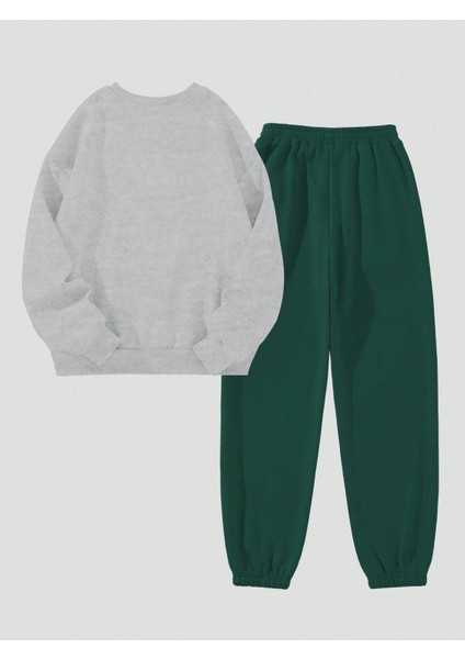Los Angeles Mini Eşofman Takımı Sweatshirt Jogger - Gri Yeşil Baskılı Oversize Şardon Bisiklet Yaka fiyatları