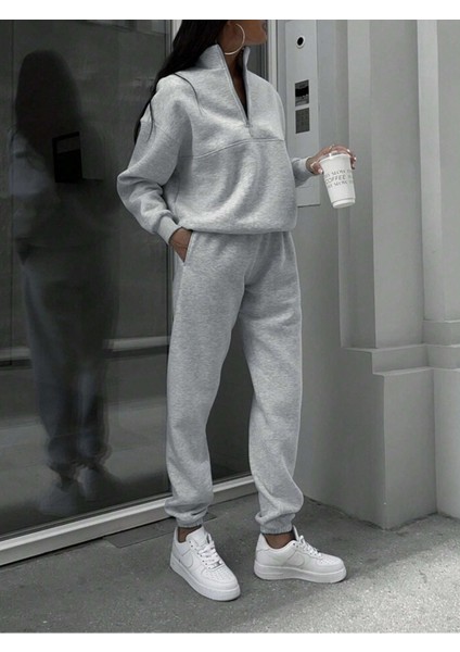 Basic Düz Fermuarlı Eşofman Takımı Sweatshirt Jogger - Gri Oversize Şardonlu Dik Yaka
