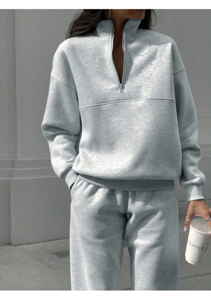 Basic Düz Fermuarlı Eşofman Takımı Sweatshirt Jogger - Gri Oversize Şardonlu Dik Yaka fırsatları
