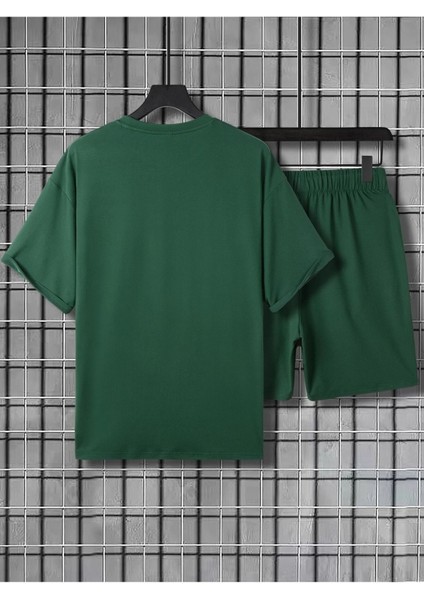 Of 7 T-Shirt Şort - Nefti Yeşil Alt Üst Takım Şort Tişört Kombin Baskılı Bisiklet Yaka