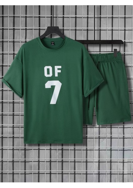 Of 7 T-Shirt Şort - Nefti Yeşil Alt Üst Takım Şort Tişört Kombin Baskılı Bisiklet Yaka