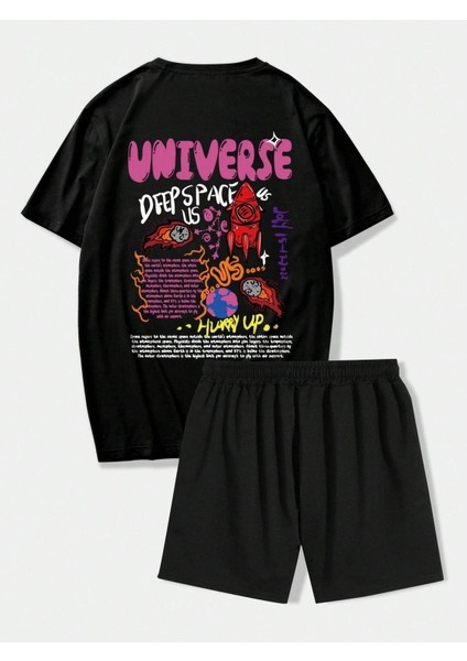 Universe Rocket T-Shirt Şort - Siyah Alt Üst Takım Şort Tişört Kombin Baskılı Bisiklet Yaka