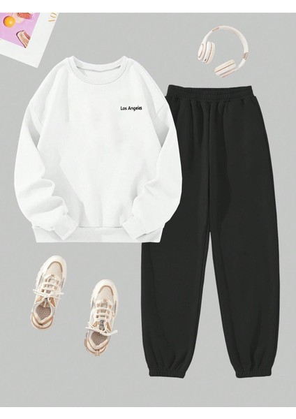 Los Angeles Mini Eşofman Takım Sweatshirt Jogger - Beyaz Siyah Baskılı Oversize Şardon Bisiklet Yaka