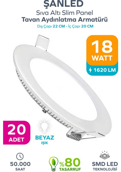 18W Tasarruflu LED Yuvarlak Beyaz Işık Sıva Altı Slim Panel Tavan Aydınlatma Armatürü-20 Adettir