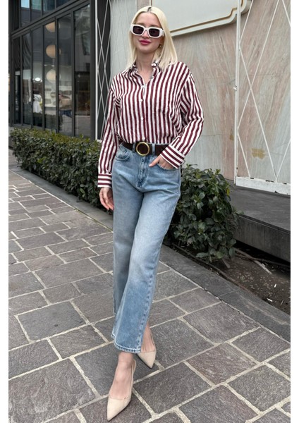 Bordo Cep Detaylı Çizgili Kadın Gömlek MG2295