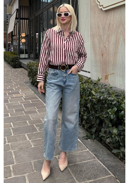 Bordo Cep Detaylı Çizgili Kadın Gömlek MG2295 modelleri