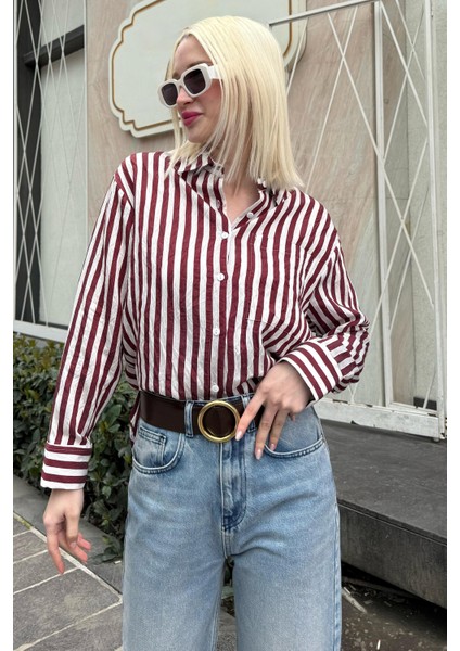 Bordo Cep Detaylı Çizgili Kadın Gömlek MG2295 fırsatları