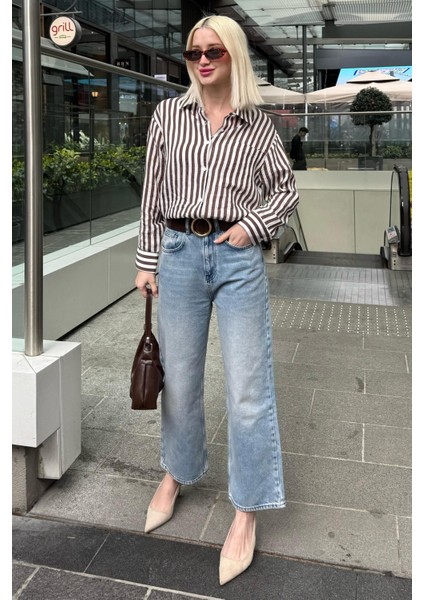 Kahverengi Cep Detaylı Çizgili Kadın Gömlek MG2295 fiyatları