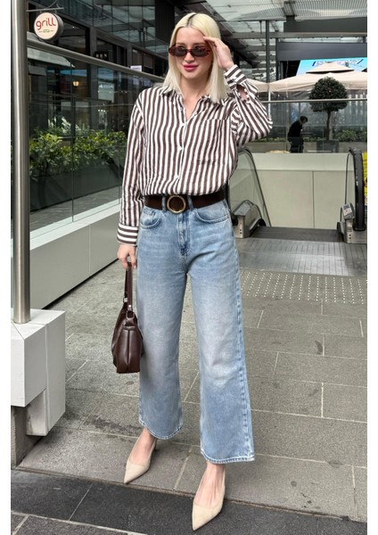 Kahverengi Cep Detaylı Çizgili Kadın Gömlek MG2295 modelleri