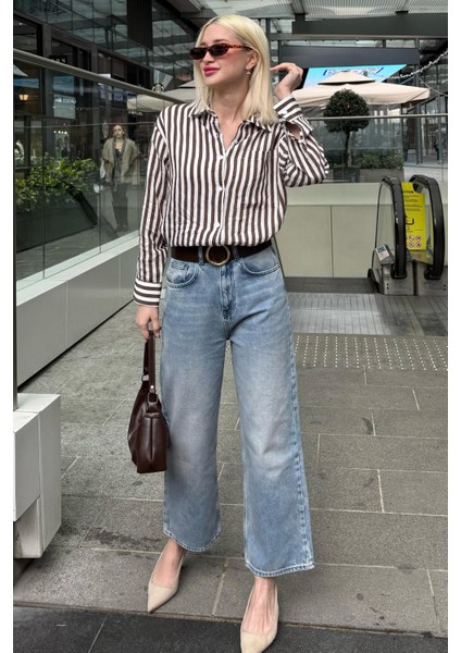 Kahverengi Cep Detaylı Çizgili Kadın Gömlek MG2295 fırsatları