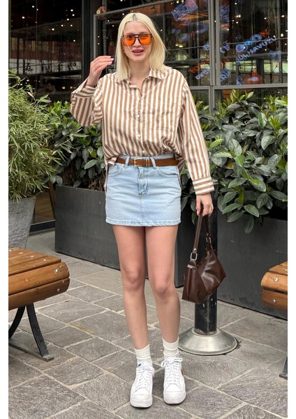 Bej Cep Detaylı Çizgili Kadın Gömlek MG2295