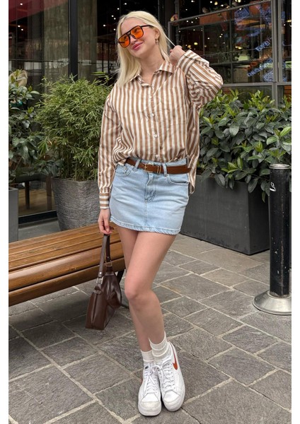 Bej Cep Detaylı Çizgili Kadın Gömlek MG2295 fiyatları