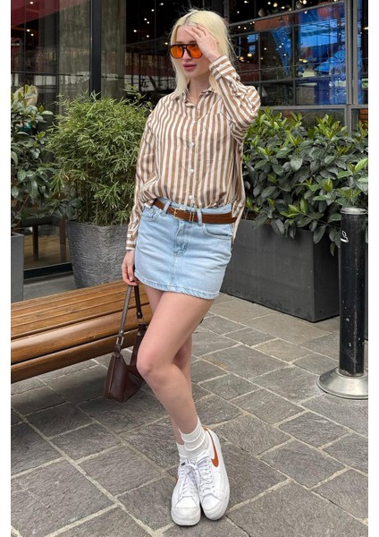 Bej Cep Detaylı Çizgili Kadın Gömlek MG2295 modelleri