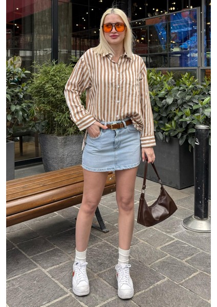 Bej Cep Detaylı Çizgili Kadın Gömlek MG2295 fırsatları