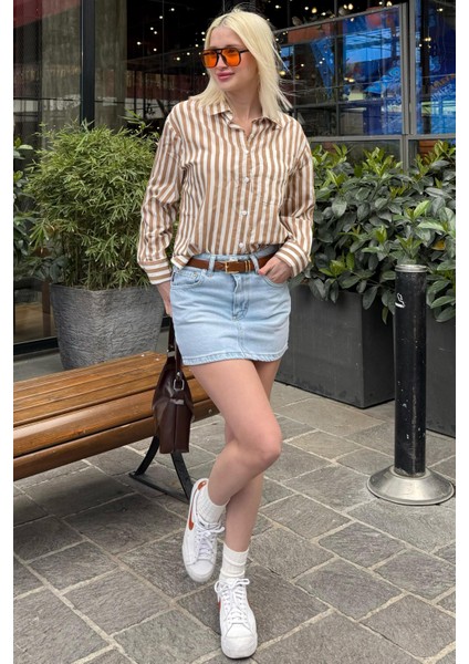 Bej Cep Detaylı Çizgili Kadın Gömlek MG2295 indirimleri