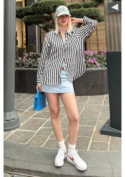 Lacivert Cep Detaylı Çizgili Kadın Gömlek MG2295