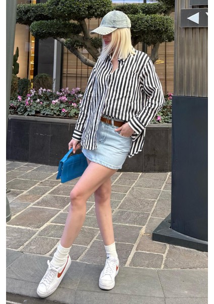 Lacivert Cep Detaylı Çizgili Kadın Gömlek MG2295 fiyatları