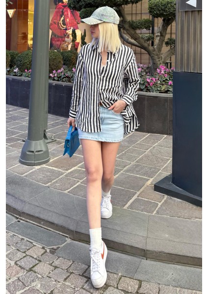 Lacivert Cep Detaylı Çizgili Kadın Gömlek MG2295 modelleri