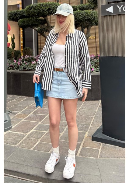 Lacivert Cep Detaylı Çizgili Kadın Gömlek MG2295 fırsatları