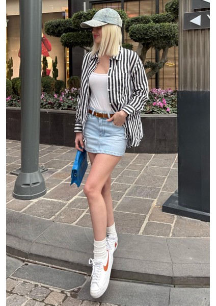 Lacivert Cep Detaylı Çizgili Kadın Gömlek MG2295 indirimleri