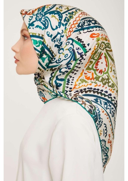 Krem Turuncu Karma Desenli Sura İpek Eşarp 9037 - 08