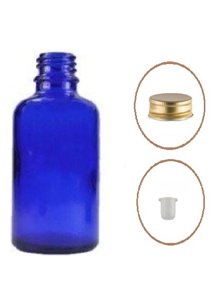 30 ml Mavi Şişe Sarı Metal Düz Kapaklı, 12 Adet, Cam Şişe, Kozmetik Şişesi