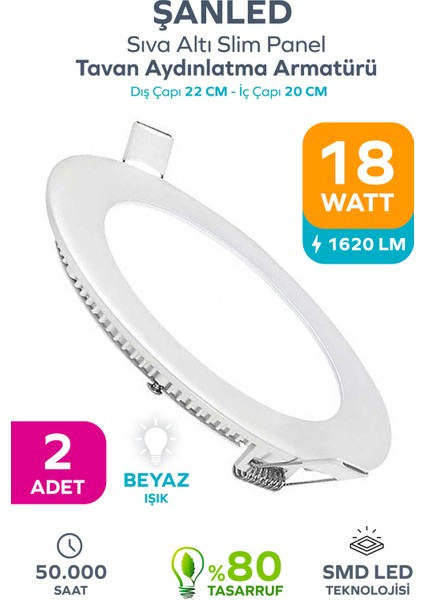 18W Tasarruflu LED Yuvarlak Beyaz Işık Sıva Altı Slim Panel Tavan Aydınlatma Armatürü-2 Adettir