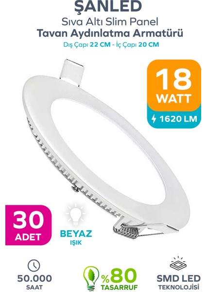 18W Tasarruflu LED Yuvarlak Beyaz Işık Sıva Altı Slim Panel Tavan Aydınlatma Armatürü-30 Adettir