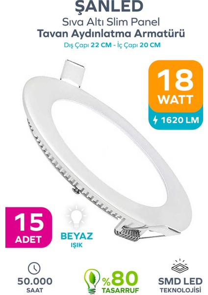 18W Tasarruflu LED Yuvarlak Beyaz Işık Sıva Altı Slim Panel Tavan Aydınlatma Armatürü-15 Adettir