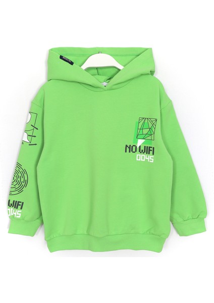 Ön ve Arkası Baskılı Kapüşonlu Erkek Çocuk Mevsimlik Sweatshirt Yeşil 001-0001990