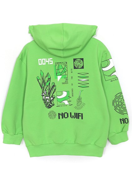Ön ve Arkası Baskılı Kapüşonlu Erkek Çocuk Mevsimlik Sweatshirt Yeşil 001-0001990 fiyatları