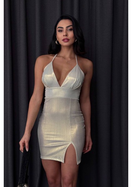 Kadın Halter Yaka Yırtmaçlı Mini Elbise NBDF009
