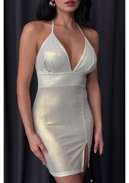 Kadın Halter Yaka Yırtmaçlı Mini Elbise NBDF009 modelleri