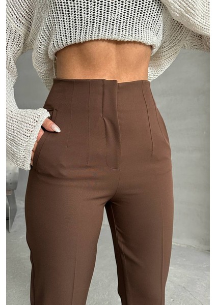 Kadın Kahve Yüksek Bel Kumaş Pantolon NBG062