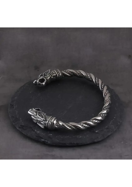 Çift Kurt Başlı Örgülü Bükümlü Paslanmaz Çelik Bileklik 18 Cm fırsatları