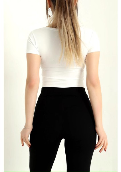 Kare Yaka Kısa Kollu Önü Yarım Çift Kat Bodysuit indirimleri