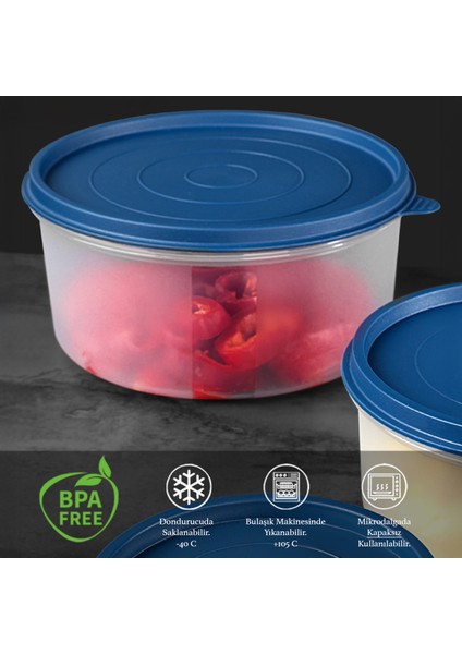 6'lı Yuvarlak Gıda Saklama Kabı Seti - Organizer Düzenleyici Erzak Kabı 6X1200ML Lacivert