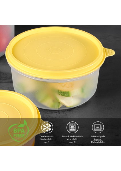 6'lı Yuvarlak Gıda Saklama Kabı Seti - Organizer Düzenleyici Erzak Kabı 6X600ML Sarı
