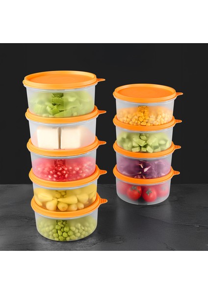 9'lu Yuvarlak Gıda Saklama Kabı Seti - Organizer Düzenleyici Erzak Kabı 9X600ML Turuncu