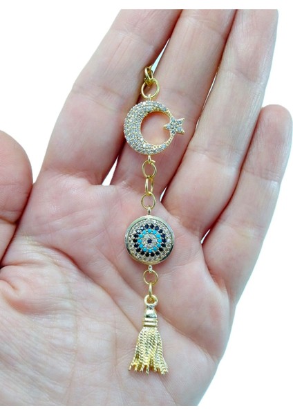 Parlak Taşlı Ay Yıldızlı Nazar Boncuğu Araba Dikiz Ayna Süsü, Metal Püskül Yeni Araba Hediyesi fiyatları