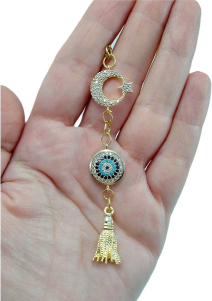 Parlak Taşlı Ay Yıldızlı Nazar Boncuğu Araba Dikiz Ayna Süsü, Metal Püskül Yeni Araba Hediyesi modelleri