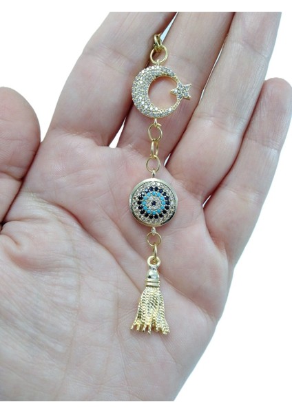 Parlak Taşlı Ay Yıldızlı Nazar Boncuğu Araba Dikiz Ayna Süsü, Metal Püskül Yeni Araba Hediyesi fırsatları