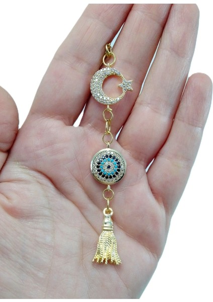 Parlak Taşlı Ay Yıldızlı Nazar Boncuğu Araba Dikiz Ayna Süsü, Metal Püskül Yeni Araba Hediyesi indirimleri